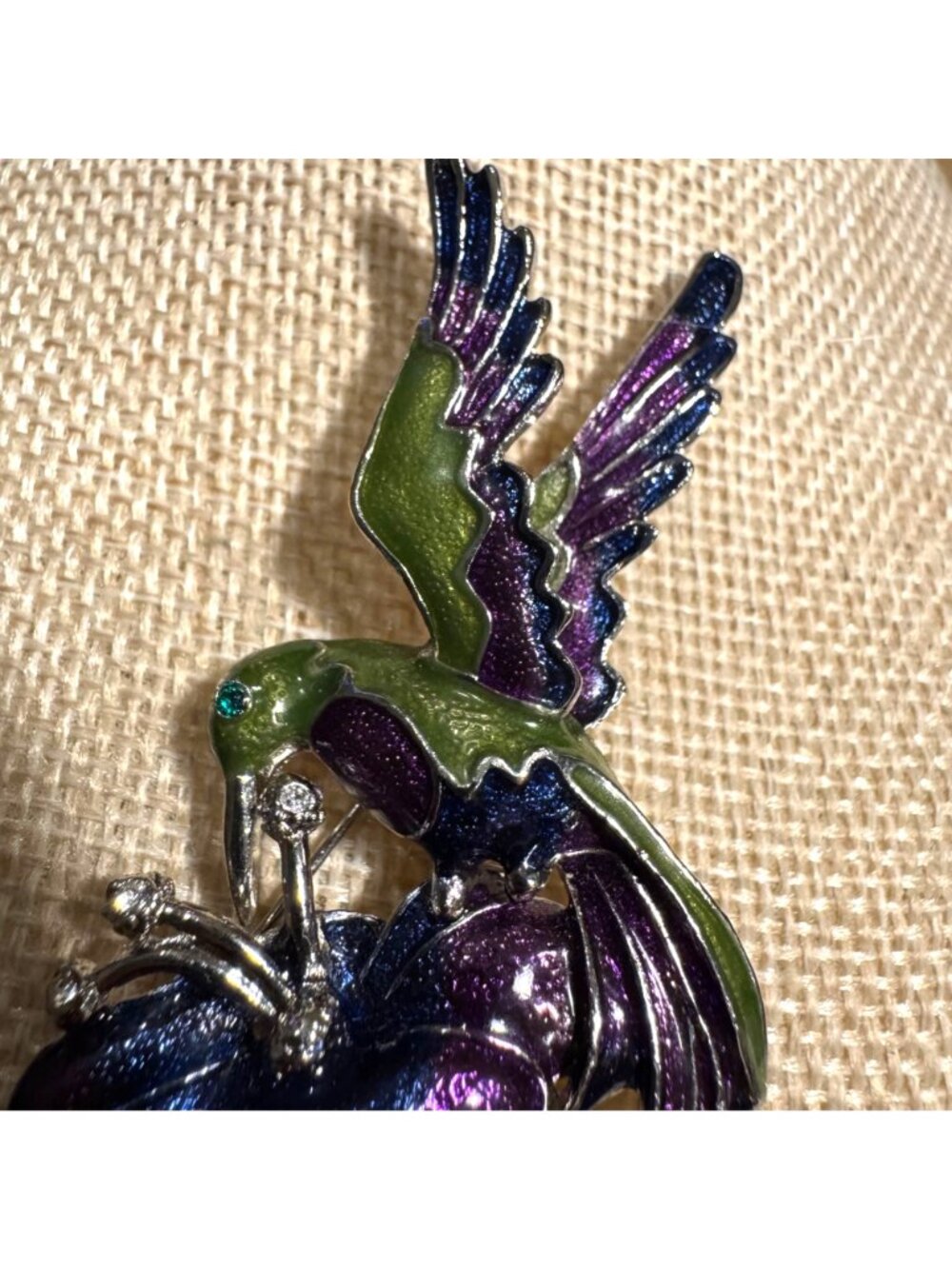 Vintage Hummingbird Brooch Green & Purple Enamel Floral Design 3 Inches - Picture 3 of 7